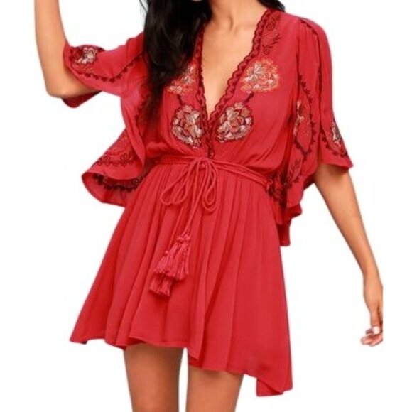 Free People Cora Coral Embroidered Boho Mini Dress XS Tassel Tie Festival Gypsy - Picture 1 of 16
